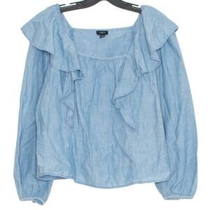 J Crew Top 90s Country Boho Feminine Minimalist Chambray Ruffle Blue Size Small